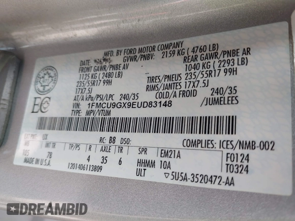 2014 Ford Escape SE with VIN 1FMCU9GX9EUD83148, listed as a IAAI auction lot 42449815 with 120,062 mi miles and . Bid and sale history available at DreamBid. Image 9.