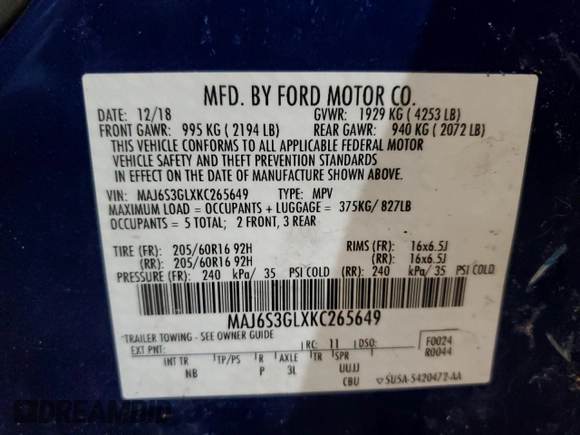 2019 Ford EcoSport SE with VIN MAJ6S3GLXKC265649, listed as a Copart auction lot 45130655 with 10,666 mi miles and Salvage Title. Bid and sale history available at carsss.com. Image 14.