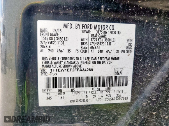 2015 Ford F-150 XLT with VIN 1FTEW1EF2FFA34289, listed as a Copart auction lot 56739435 with 120,293 mi miles and Salvage title. Bid and sale history available at DreamBid. Image 12.