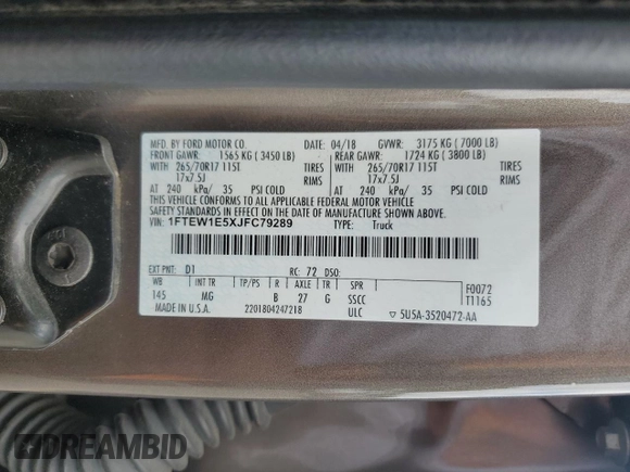 2018 Ford F-150 XL с VIN 1FTEW1E5XJFC79289, выставлен на аукционе Copart как лот 61224445 с пробегом 125 574 миль миль и Списание • Salvage title. История ставок и продаж доступна на DreamBid. Изображение 12.