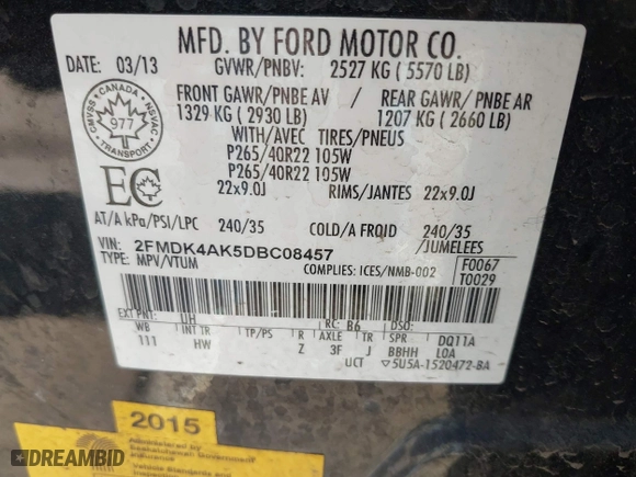 2013 Ford Edge Sport with VIN 2FMDK4AK5DBC08457, listed as a IAAI auction lot 41966286 with 1 mi miles. Bid and sale history available at carsss.com. Image 9.