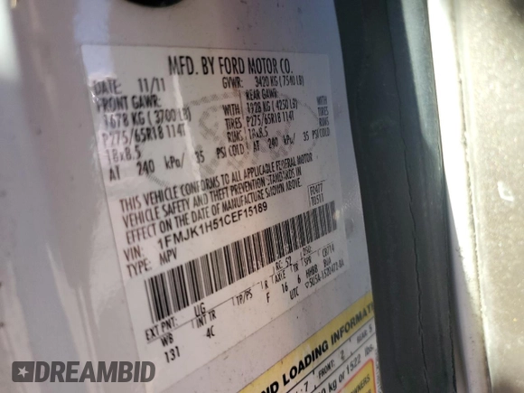2012 Ford Expedition Max King Ranch with VIN 1FMJK1H51CEF15189, listed as a Copart auction lot 45709115 with 152,415 mi miles and Salvage title. Bid and sale history available at DreamBid. Image 14.