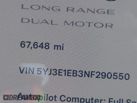 2022 Tesla Model 3 Long Range with VIN 5YJ3E1EB3NF290550, listed as a IAAI auction lot 41826287 with 67,648 mi miles and . Bid and sale history available at DreamBid. Image 16.