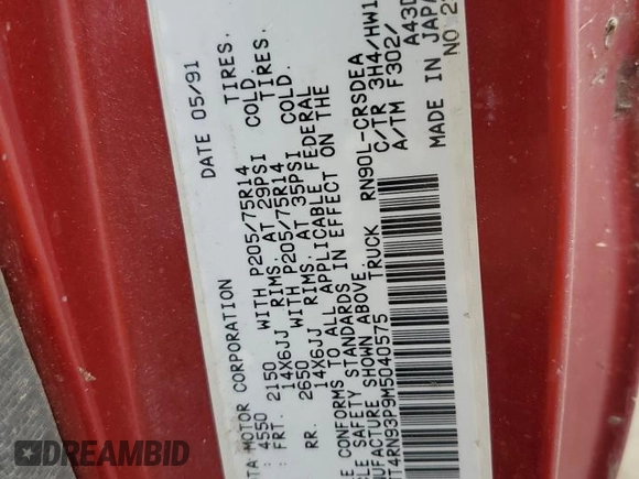 1991 Toyota Pickup DLX с VIN JT4RN93P9M5040575, выставлен на аукционе Copart как лот 58934495 с пробегом 43 376 миль миль и Списание • Salvage title. История ставок и продаж доступна на DreamBid. Изображение 12.