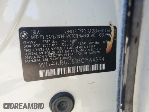 2011 BMW 7 Series 750Li with VIN WBAKB8C51BCY64594, listed as a Copart auction lot 61916875 with 105,499 mi miles and Clean title. Bid and sale history available at DreamBid. Image 12.