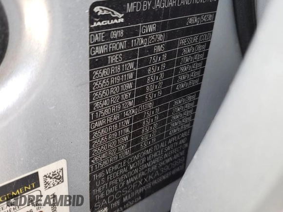 2019 Jaguar F-Pace 25t с VIN SADCS2FXXKA390999, выставлен на аукционе Copart как лот 46416534 с пробегом 104 961 миль миль и Списание • Salvage title. История ставок и продаж доступна на DreamBid. Изображение 13.