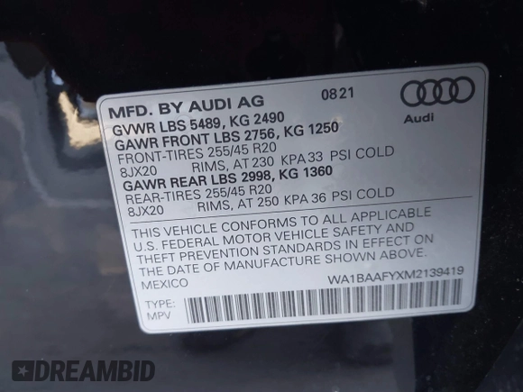 2021 Audi Q5 Premium Plus with VIN WA1BAAFYXM2139419, listed as a IAAI auction lot 41657770 with 40,164 mi miles. Bid and sale history available at carsss.com. Image 9.