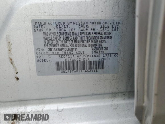 2013 Nissan Sentra SR with VIN 3N1AB7AP1DL658411, listed as a Copart auction lot 55894875 with 106,922 mi miles and Clean Title. Bid and sale history available at DreamBid. Image 12.