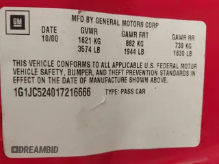 2001 Chevrolet Cavalier with VIN 1G1JC524017216666, listed as a IAAI auction lot 41086521 with Not Provided miles and . Bid and sale history available at DreamBid. Image 9.