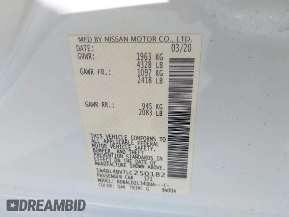 2020 Nissan Altima S z VIN 1N4BL4BV7LC250182, wystawiony jako IAAI lot #41525288 z przebiegiem 84 641 mil mil oraz . Historia ofert i sprzedaży dostępna na DreamBid. Obrazek 9.