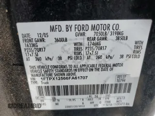 2006 Ford F-150 XLT with VIN 1FTPX12566FA61707, listed as a Copart auction lot 62223845 with 150,056 mi miles and Salvage title. Bid and sale history available at DreamBid. Image 12.