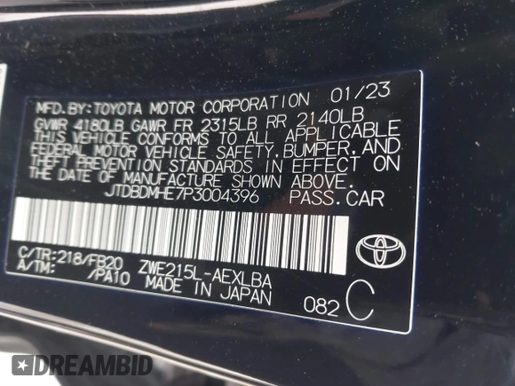 2023 Toyota Corolla Hybrid LE with VIN JTDBDMHE7P3004396, listed as a IAAI auction lot 41606222 with 15,037 mi miles. Bid and sale history available at carsss.com. Image 9.