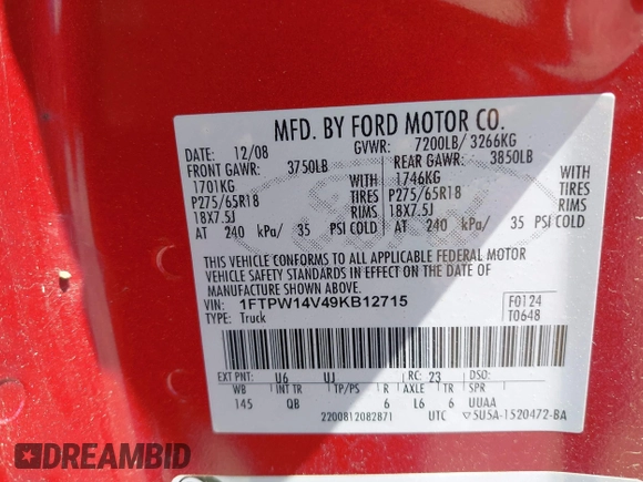 2009 Ford F-150 XL z VIN 1FTPW14V49KB12715, wystawiony jako IAAI lot #42032685 z przebiegiem 164 125 mil mil oraz . Historia ofert i sprzedaży dostępna na DreamBid. Obrazek 9.