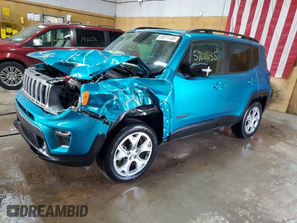 2022 Jeep Renegade Limited z VIN ZACNJDD1XNPN63391, wystawiony jako Copart lot #59011135 z przebiegiem 21 024 mil mil oraz Szkoda całkowita • Salvage title. Historia ofert i sprzedaży dostępna na DreamBid. Obrazek 1.