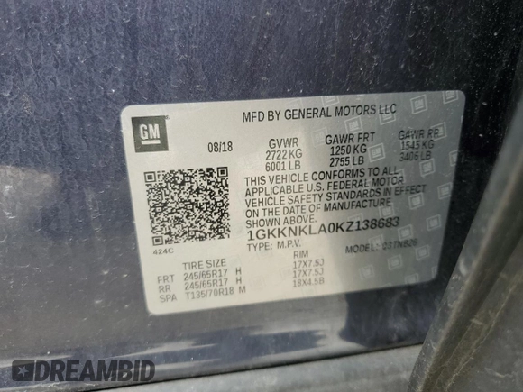 2019 GMC Acadia SLE z VIN 1GKKNKLA0KZ138683, wystawiony jako Copart lot #53037495 z przebiegiem 117 751 mil mil oraz Szkoda całkowita • Salvage title. Historia ofert i sprzedaży dostępna na DreamBid. Obrazek 15.