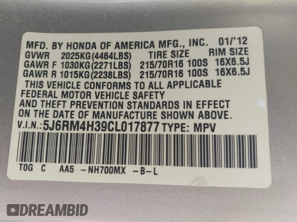 2012 Honda CR-V LX with VIN 5J6RM4H39CL017877, listed as a IAAI auction lot 42565428 with 148,782 mi miles and . Bid and sale history available at DreamBid. Image 9.