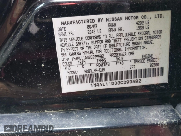 2003 Nissan Altima S with VIN 1N4AL11D33C299592, listed as a IAAI auction lot 41940412 with 1 mi miles. Bid and sale history available at carsss.com. Image 9.