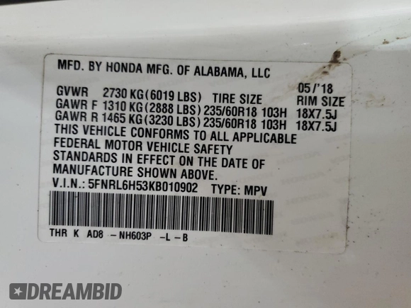 2019 Honda Odyssey EX with VIN 5FNRL6H53KB010902, listed as a Copart auction lot 53254595 with 86,940 mi miles and Salvage Title. Bid and sale history available at carsss.com. Image 14.