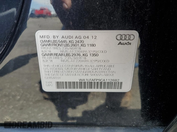 2012 Audi Q5 Premium Plus with VIN WA1LFAFP9CA112682, listed as a Copart auction lot 60702555 with 119,214 mi miles and Salvage title. Bid and sale history available at DreamBid. Image 15.