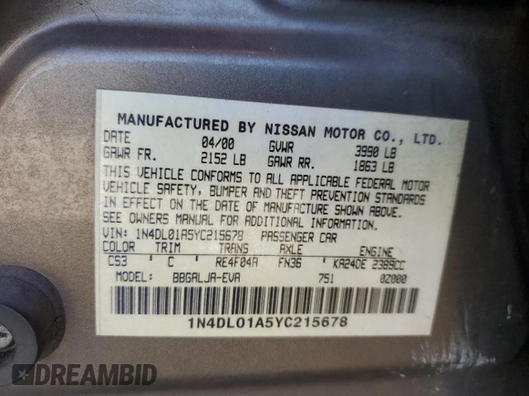2000 Nissan Altima GXE with VIN 1N4DL01A5YC215678, listed as a Copart auction lot 51619525 with 0 mi miles and Salvage Title. Bid and sale history available at carsss.com. Image 14.