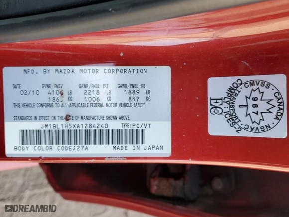 2010 Mazda Mazda3 s Grand Touring with VIN JM1BL1H5XA1284240, listed as a Copart auction lot 49068235 with NaN miles and Clean Title. Bid and sale history available at carsss.com. Image 12.