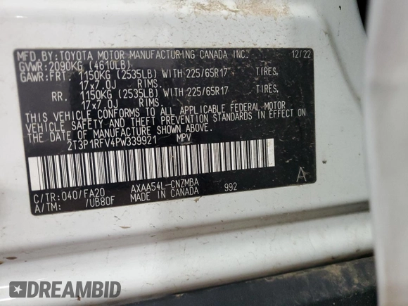 2023 Toyota RAV4 XLE with VIN 2T3P1RFV4PW339921, listed as a Copart auction lot 89266675 with 35,580 mi miles and Salvage Title. Bid and sale history available at carsss.com. Image 15.