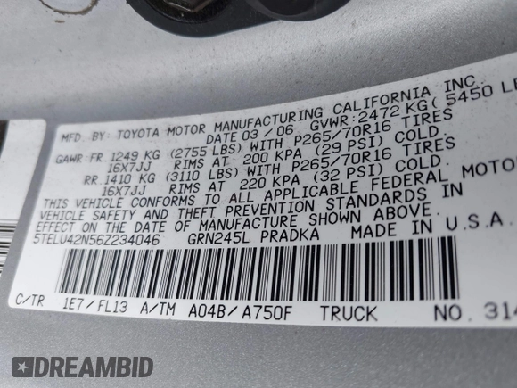 2006 Toyota Tacoma z VIN 5TELU42N56Z234046, wystawiony jako IAAI lot #42197128 z przebiegiem 143 715 mil mil oraz . Historia ofert i sprzedaży dostępna na DreamBid. Obrazek 9.
