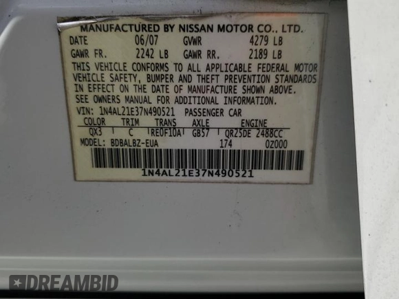 2007 Nissan Altima 2.5 with VIN 1N4AL21E37N490521, listed as a Copart auction lot 46973375 with 230,607 mi miles and Salvage Title. Bid and sale history available at carsss.com. Image 14.