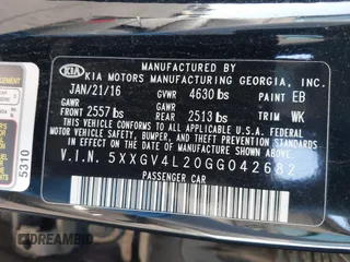 2016 Kia Optima SXL Turbo with VIN 5XXGV4L20GG042682, listed as a IAAI auction lot 41456456 with 117,542 mi miles. Bid and sale history available at carsss.com. Image 9.
