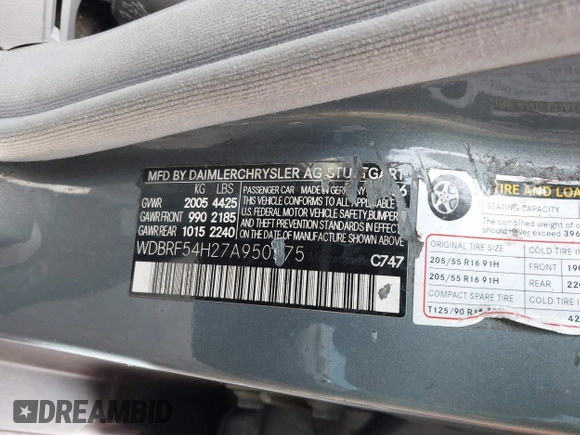 2007 Mercedes-Benz C 280 Luxury with VIN WDBRF54H27A950575, listed as a IAAI auction lot 41640162 with 120,000 mi miles and . Bid and sale history available at DreamBid. Image 9.