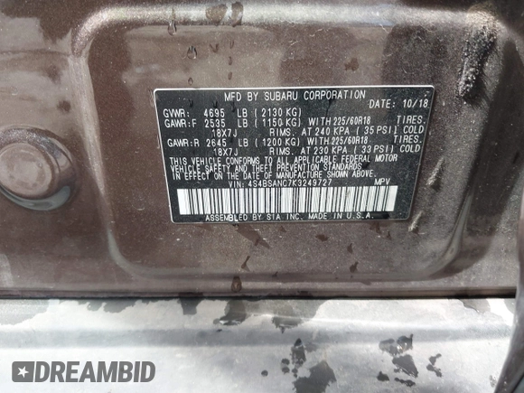 2019 Subaru Outback Limited with VIN 4S4BSANC7K3249727, listed as a IAAI auction lot 41820408 with 75,390 mi miles and . Bid and sale history available at DreamBid. Image 9.