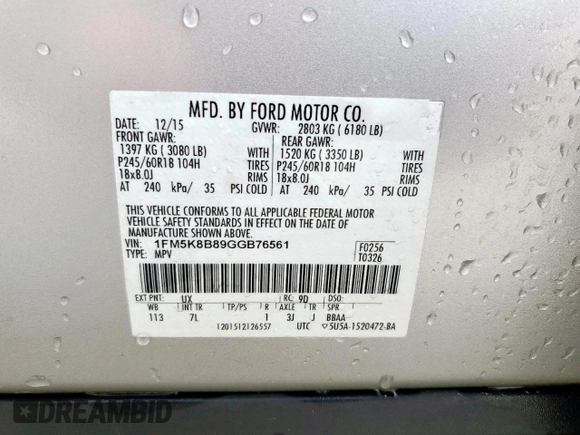 2016 Ford Explorer with VIN 1FM5K8B89GGB76561, listed as a Copart auction lot 45523945 with 38,037 mi miles and Salvage title. Bid and sale history available at DreamBid. Image 13.