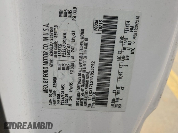 2001 Ford F-150 XL with VIN 1FTRX17L51NB25752, listed as a Copart auction lot 48721235 with 179,941 mi miles and Salvage title. Bid and sale history available at DreamBid. Image 14.