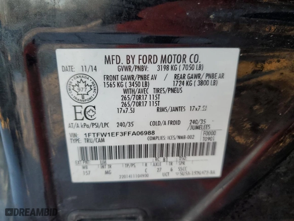 2015 Ford F-150 XLT w/HD Payload Pkg with VIN 1FTFW1EF3FFA06988, listed as a Copart auction lot 43069855 with 230,017 mi miles and Clean Title. Bid and sale history available at carsss.com. Image 12.