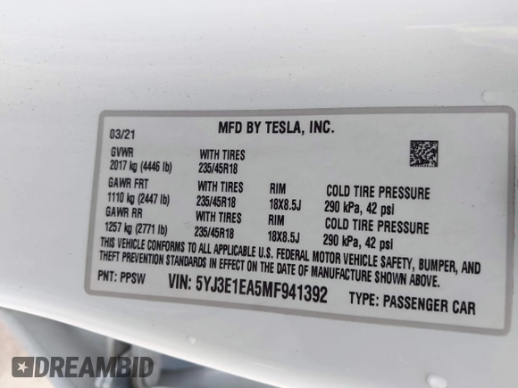 2021 Tesla Model 3 Standard Range Plus z VIN 5YJ3E1EA5MF941392, wystawiony jako IAAI lot #41888597 z przebiegiem 111 617 mil mil oraz . Historia ofert i sprzedaży dostępna na DreamBid. Obrazek 9.