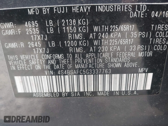 2016 Subaru Outback 2.5i Premium with VIN 4S4BSAFC5G3337763, listed as a IAAI auction lot 41917546 with 60,484 mi miles. Bid and sale history available at carsss.com. Image 9.