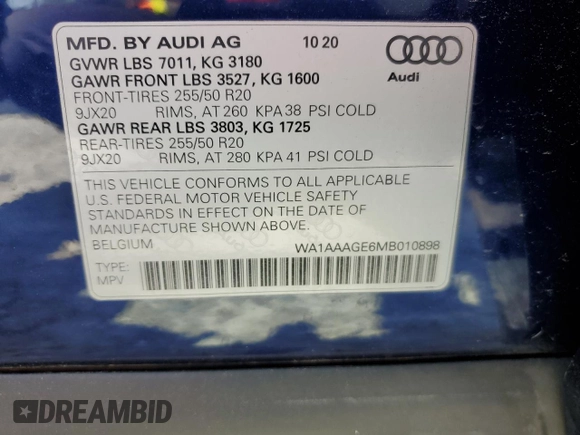 2021 Audi e-tron Premium with VIN WA1AAAGE6MB010898, listed as a Copart auction lot 58883063 with 17,986 mi miles. Bid and sale history available at carsss.com. Image 13.