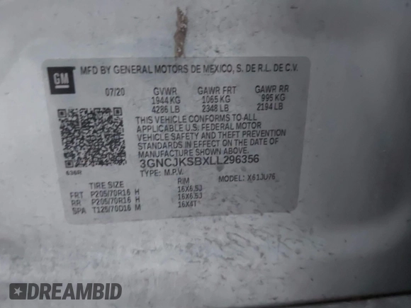2020 Chevrolet Trax LS with VIN 3GNCJKSBXLL296356, listed as a IAAI auction lot 41770466 with 68,702 mi miles and . Bid and sale history available at DreamBid. Image 9.