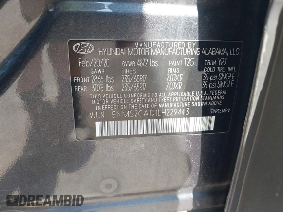 2020 Hyundai Santa Fe SE with VIN 5NMS2CAD1LH229443, listed as a IAAI auction lot 39476214 with 82,140 mi miles. Bid and sale history available at carsss.com. Image 9.