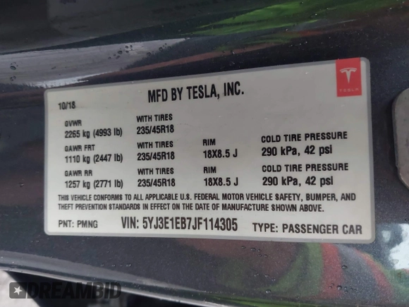 2018 Tesla Model 3 Long Range Battery with VIN 5YJ3E1EB7JF114305, listed as a IAAI auction lot 41765994 with 76,945 mi miles and . Bid and sale history available at DreamBid. Image 9.