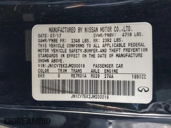 2018 Infiniti Q60 Luxe with VIN JN1CV7EK2JM200019, listed as a IAAI auction lot 41557899 with Not Provided miles and . Bid and sale history available at carsss.com. Image 9.