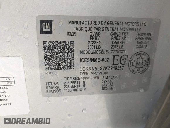 2019 GMC Acadia SLE with VIN 1GKKNSLS7KZ249157, listed as a IAAI auction lot 40601760 with 113,928 mi miles and . Bid and sale history available at DreamBid. Image 9.