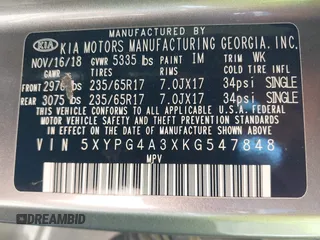 2019 Kia Sorento LX with VIN 5XYPG4A3XKG547848, listed as a IAAI auction lot 42023357 with 189,258 mi miles. Bid and sale history available at carsss.com. Image 9.