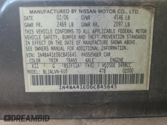 2006 Nissan Maxima SE with VIN 1N4BA41E06C845645, listed as a Copart auction lot 71938354 with 154,372 mi miles and Salvage Title. Bid and sale history available at DreamBid. Image 13.
