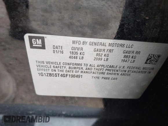 2016 Chevrolet Malibu LS with VIN 1G1ZB5ST4GF198491, listed as a IAAI auction lot 42523710 with 109,313 mi miles and . Bid and sale history available at DreamBid. Image 9.