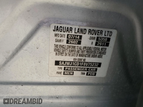2015 Jaguar XJ with VIN SAJWJ1CD1F8V75232, listed as a Copart auction lot 57605685 with 146,314 mi miles and Salvage title. Bid and sale history available at DreamBid. Image 13.