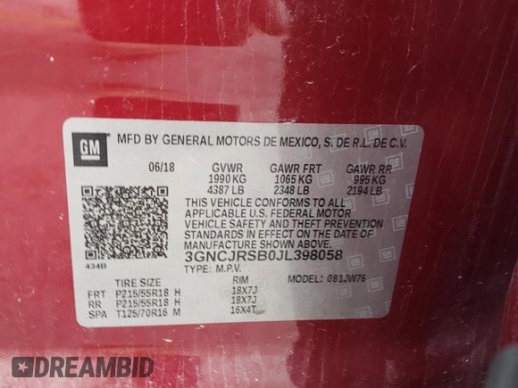 2018 Chevrolet Trax Premier with VIN 3GNCJRSB0JL398058, listed as a Copart auction lot 85088414 with 53,001 mi miles and Salvage Title. Bid and sale history available at carsss.com. Image 13.