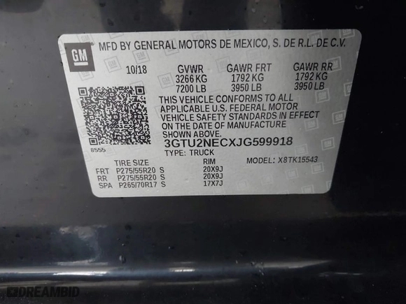2018 GMC Sierra 1500 SLT with VIN 3GTU2NECXJG599918, listed as a IAAI auction lot 41144119 with 1 mi miles. Bid and sale history available at carsss.com. Image 9.