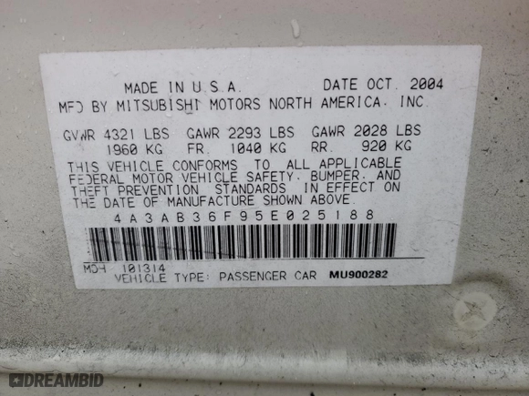 2005 Mitsubishi Galant ES with VIN 4A3AB36F95E025188, listed as a Copart auction lot 41750335 with 99204 miles and Salvage Title. Bid and sale history available at carsss.com. Image 12.