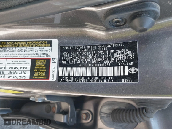 2017 Toyota Camry XLE z VIN 4T1BF1FK6HU307775, wystawiony jako IAAI lot #42123374 z przebiegiem 53 183 mil mil oraz . Historia ofert i sprzedaży dostępna na DreamBid. Obrazek 9.